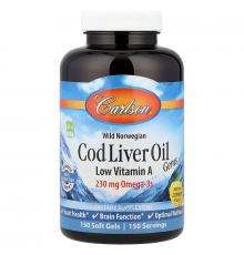 Риб'ячий жир з печінки тріски, Cod Liver Oil, Carlson, лимон, з низьким вмістом вітаміну А, норвезький, 230 мг, 150 гелевих капсул