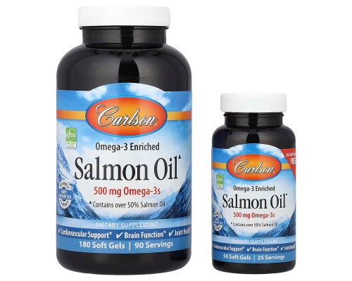 Лососевий жир, збагачений Омега-3, Salmon Oil, Carlson, 500 мг, 180+50 гелевих капсул