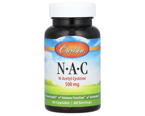 N-ацетилцистеїн, N·A·C, Carlson, 500 мг, 60 капсул