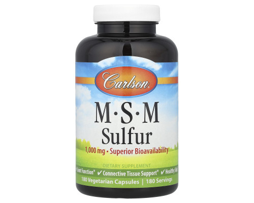Метилсульфонілметан МСМ, MSM Sulfur, Carlson, 1000 мг, 180 вегетаріанських капсул