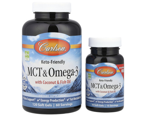 МСТ і Омега-3, MCT & Omega-3, Carlson, 120 гелевих капсул + 30 капсул безкоштовно