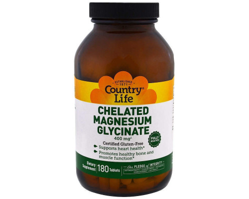 Магній гліцинат, Chelated Magnesium Glycinate, Country Life, 400 мг, 180 таблеток
