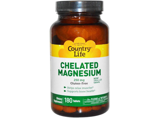 Магній хелат, Chelated Magnesium, Country Life, 250 мг, 180 таблеток