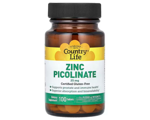 Цинк піколінат, Zinc Picolinate, Country Life, 25 мг, 100 таблеток