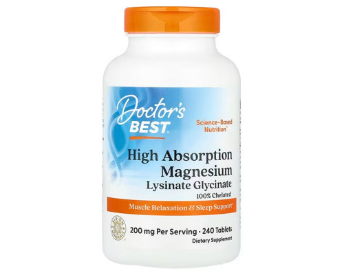 Магній хелат, Magnesium, Doctor's Best, з високим ступенем засвоєння, 200 мг, 240 таблеток (100 мг у таблетці)