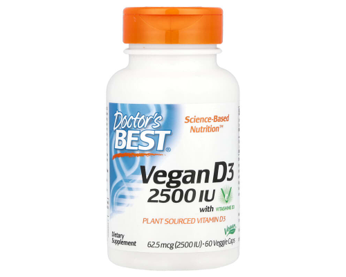 Вітамін D3, D3 with Vitashine D3, Doctor's Best, 62,5 мкг (2500 МО), 60 веганських капсул