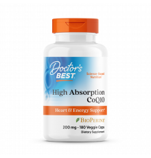 Коензим Q10, High Absorption CoQ10, Doctor's Best, з біоперином, з високим ступенем засвоєння, 200 мг, 180 веганських капсул