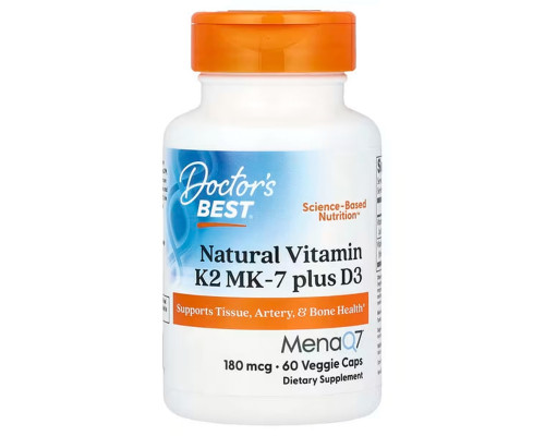 Вітамін K2 (MK-7) плюс D3, Natural Vitamin K2 Plus D3 з MK-7, Doctor's Best, 180 мкг, 60 вегетаріанських капсул