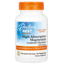 Магній лізинат-гліцинат, High Absorption Magnesium, Doctor's Best, 100% хелатний, 105 мг, 120 вегетаріанських капсул (52.5 мг у капсулі)