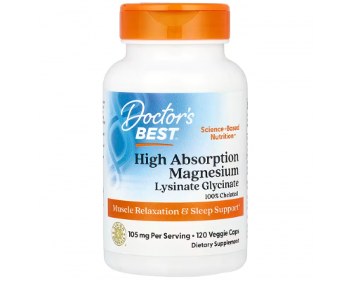 Магній лізинат-гліцинат, High Absorption Magnesium, Doctor's Best, 100% хелатний, 105 мг, 120 вегетаріанських капсул (52.5 мг у капсулі)