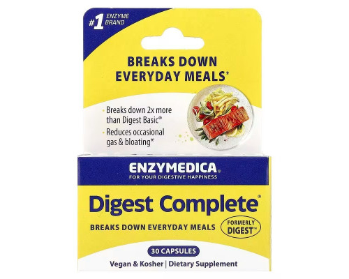 Ензими повна формула, Digest Complete, Enzymedica, Digest, ефективно розщеплює вуглеводи, жири, клітковину та білки, 30 капсул