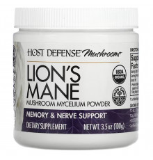 Їжачок гребінчастий, Lion's Mane, Host Defense, порошок грибного міцелію, для підтримки пам'яті та нервової системи, 100 г
