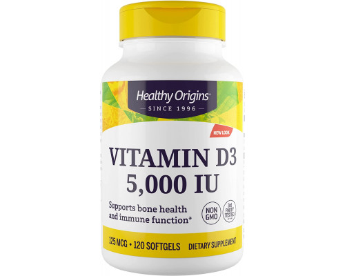 Вітамін D3, Vitamin D3, Healthy Origins, 125 мкг (5000 МО), 120 гелевих капсул