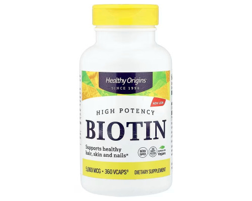 Біотин, Biotin, Healthy Origins, висока концентрація, 5000 мкг, 360 вегетаріанських капсул