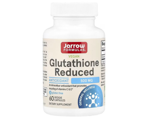 Глутатіон, Glutathione Reduced, Jarrow Formulas, зі зниженим вмістом, 500 мг, 60 веганських капсул