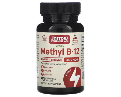 Вітамін B-12 метилкобаламін, Methyl B-12, Jarrow Formulas, смак вишні, 5000 мкг, 90 жувальних таблеток