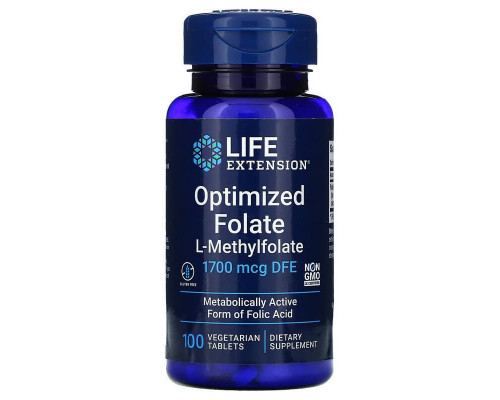 Фолат, Optimized Folate, Life Extensions, оптимізований, 1700 мкг DFE, 100  вегетаріанських таблеток