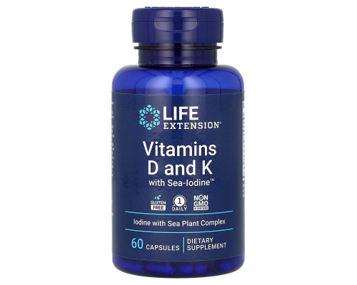 Вітамін D і К з йодом, Vitamins D and K with Sea-Iodine, Life Extension, 60 капсул