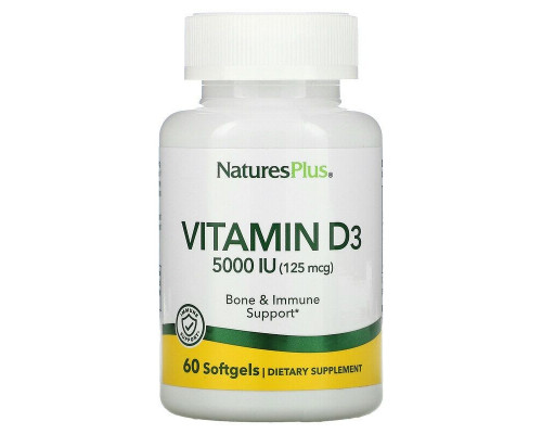 Вітамін D3, Vitamin D3, Nature's Plus, 125 мкг (5000 МО), 60 гелевих капсул