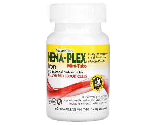 Залізо та поживні речовини для здоров'я еритроцитів, Iron with Essential Nutrients, Hema-Plex, NaturesPlus, 60 міні-таблеток із уповільненим вивільненням