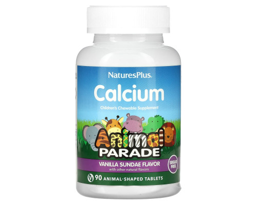 Кальцій для дітей, Calcium Children's Chewable, Nature's Plus, Animal Parade, ваніль, без цукру, 90 жувальних таблеток у формі тварин