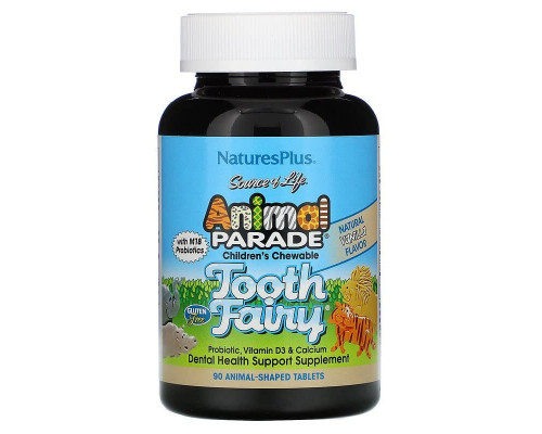 Пробіотики, Tooth Fairy Probiotic, Nature's Plus, Animal Parade, для дітей, вітамін D3 та кальцій, смак ванілі, 90 таблеток у формі тварин
