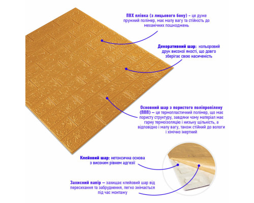 3D панель самоклеющаяся 700x770x3мм кирпич Золотой (011-3) SW-00000676