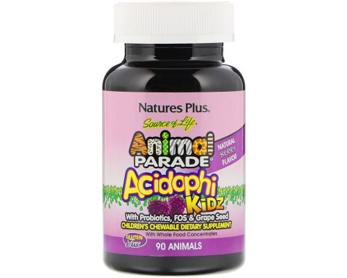 Пробіотики для дітей, AcidophiKidz, Nature's Plus, Animal Parade, вишневий смак, 90 жувальних цукерок у формі тварин