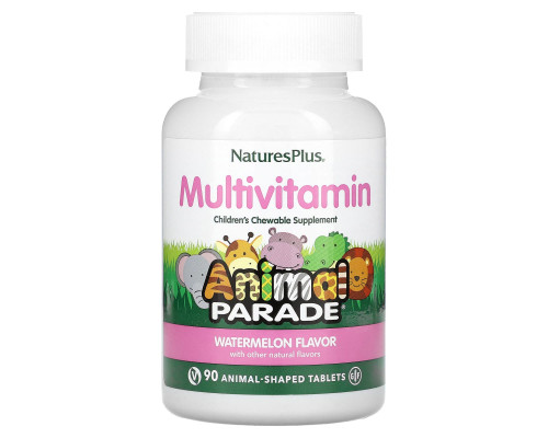Мультивітаміни та мінерали для дітей, Animal Parade Multivitamin, NaturesPlus, смак кавуна, 90 жувальних цукерок у формі тварин