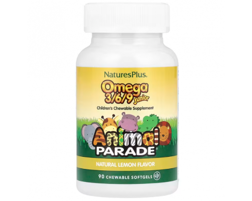 Омега 3 6 9 для дітей, Omega 3/6/9 Junior, Nature's Plus, Animal Parade, лимонний смак, 90 м'яких жувальних капсул