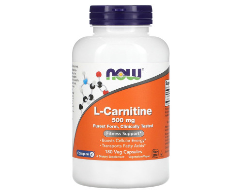 L-карнітин, L-Carnitine, Now Foods, 500 мг, 180 вегетаріанських капсул
