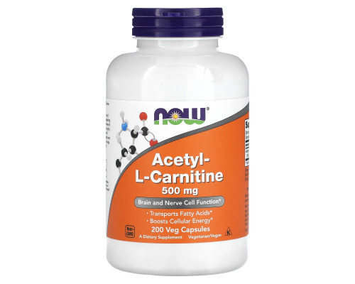 Ацетил карнітин, Acetyl-L-Carnitine, Now Foods, 500 мг, 200 вегетаріанських капсул