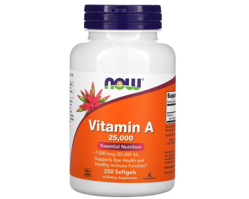 Вітамін А, Vitamin A, Now Foods, 7500 мкг (25000 МО), 250 гелевих капсул