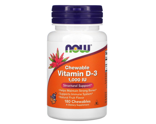 Вітамін D-3, Vitamin D-3, Now Foods, смак фруктів, 1000 МО, 180 жувальних таблеток