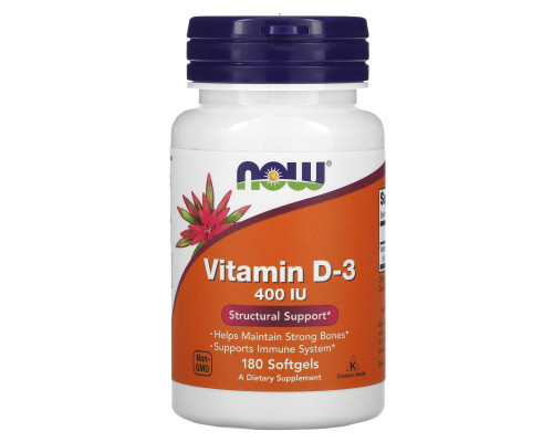 Вітамін D3, Vitamin D-3, Now Foods, структурна підтримка, 10 мкг (400 МО), 180 гелевих капсул