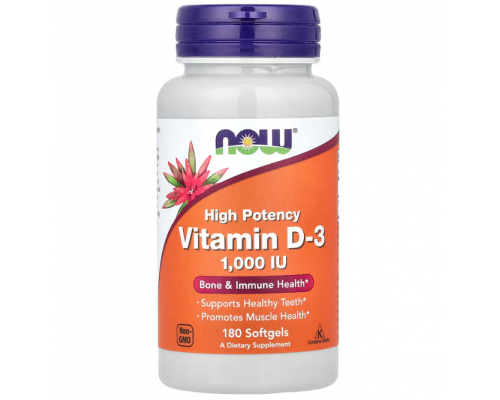 Вітамін D-3, Vitamin D-3, NOW Foods, високоефективний, 1000 МО, 180 гелевих капсул