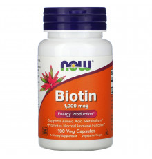 Біотин, Biotin, NOW Foods 1000 мкг, 100 вегетаріанських капсул