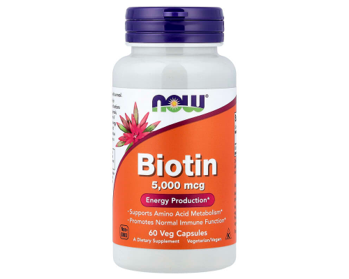 Біотин, Biotin, NOW Foods, 5000 мкг, 60 рослинних капсул