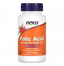 Фолієва кислота і вітамін В-12, Folic Acid, Now Foods, 800 мкг, 250 таблеток
