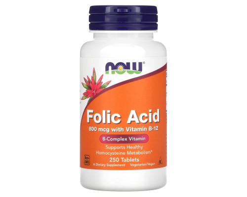 Фолієва кислота і вітамін В-12, Folic Acid, Now Foods, 800 мкг, 250 таблеток