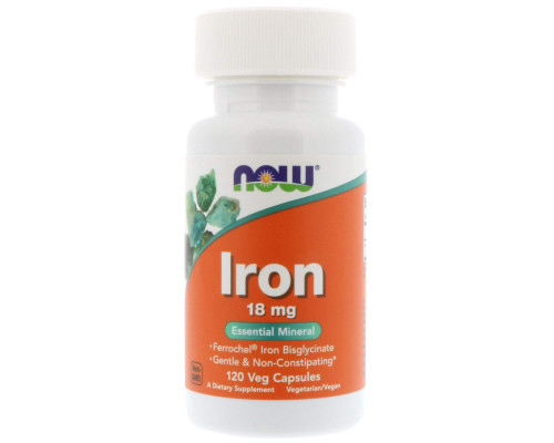 Залізо, Iron, Now Foods, 18 мг, 120 вегетаріанських капсул