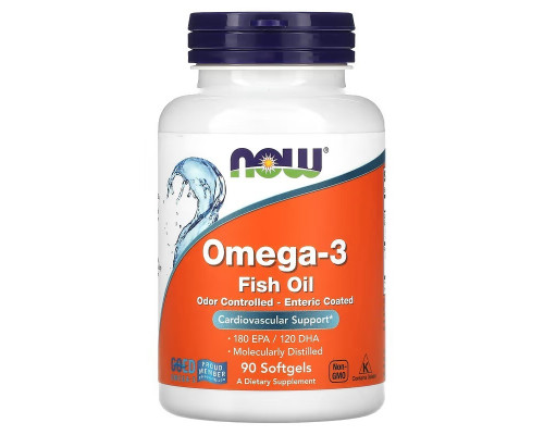 Омега-3 риб'ячий жир, Omega-3 Fish Oil, NOW Foods, 1000 мг, 180 ЕПК/ 120 ДГК, в кишковорозчинній оболонці, 90 гелевих капсул