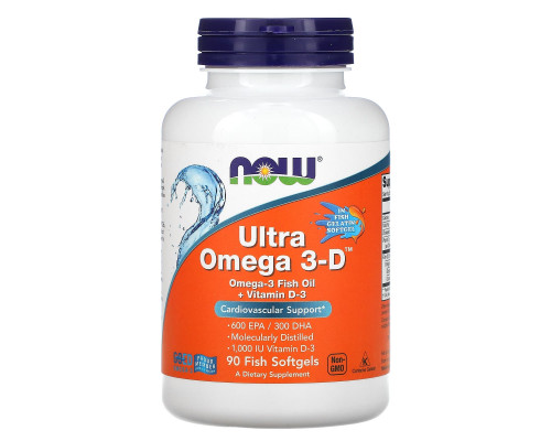 Омега-3 ультра + вітамін D3, Ultra Omega 3-D, Now Foods, 600 EPA / 300 DHA, 90 риб"ячих гелевих капсул