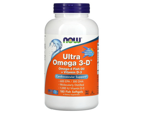 Омега 3-D ультра, Omega 3-D, 600 EPA/300 DHA NOW Foods, 180 рибних гелевих капсул