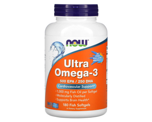 Омега-3 ультра, Ultra Omega-3, Now Foods, 500 ЕПК/250 ДГК, 180 рибних гелевих капсул