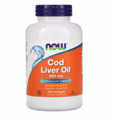 Риб'ячий жир з печінки тріски, Cod Liver Oil, Now Foods, 650 мг, 250 гелевих капсул