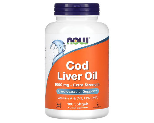 Риб'ячий жир з печінки тріски, Cod Liver Oil, Now Foods, 1000 мг, 180 гелевих капсул
