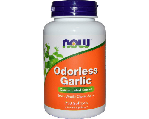 Часник, концентрований екстракт, Odorless Garlic, Now Foods, 50 мг, 250 гелевих капсул (25 мг в одній капсулі)