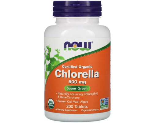 Хлорела, Chlorella, NOW Foods, сертифікована, органічна, 500 мг, 200 таблеток