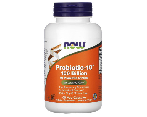 Пробіотики-10, Probiotic-10, Now Foods, 100 млрд, 60 рослинних капсул
